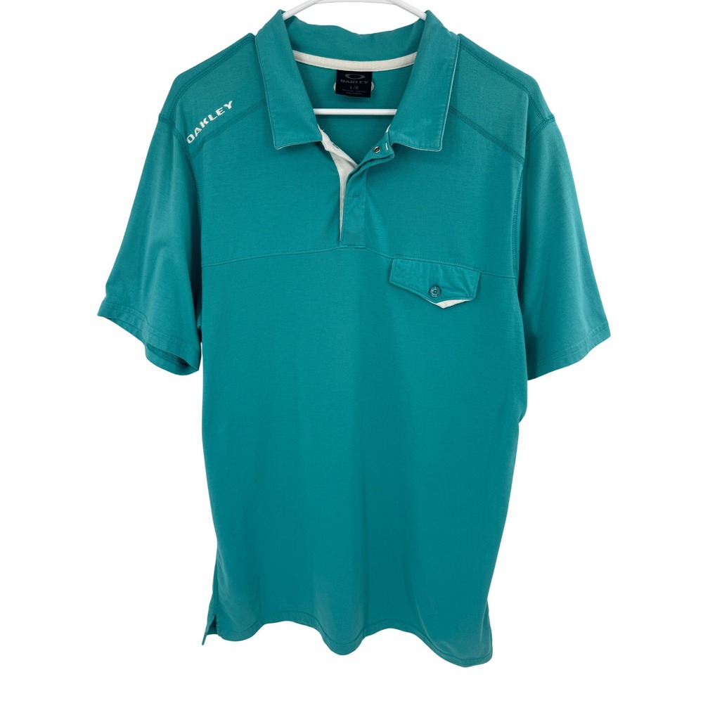 Oakley Ohydrolix Mens Large Teal Blue Short Sleeve Polo Shirt Chest Pocket L
